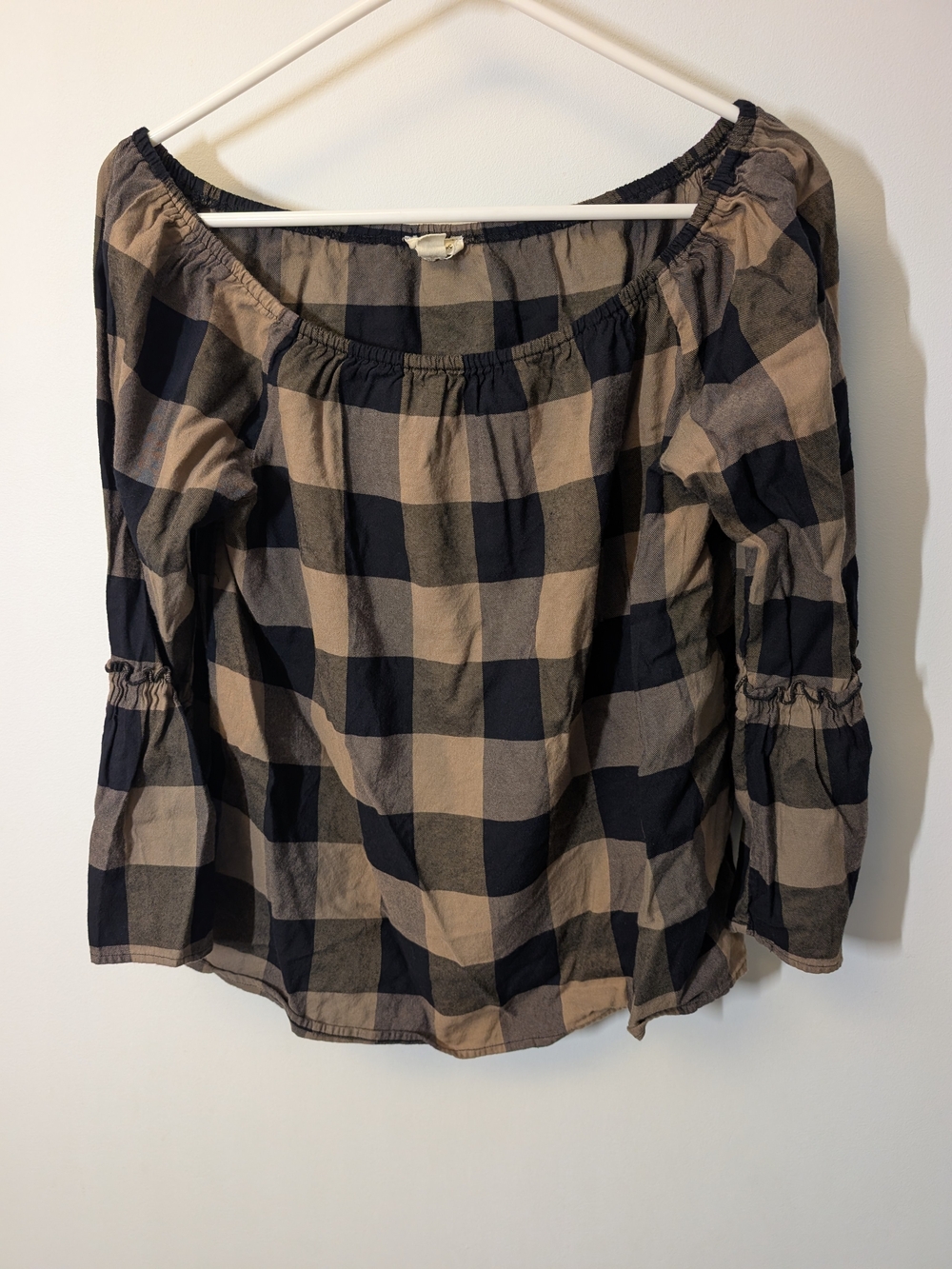 Tribal Jeans Buffalo Plaid Off-the-Shoulder Bell Sleeve Top - Size L